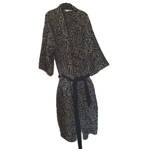 Vtg Pierre Cardin Terry Cloth Robe Large Tall Black Gray Paisley Print Belted